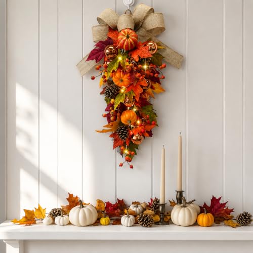 24-Inch Pre-Lit Fall Teardrop Swag with 15 Warm LED Lights & Timer, Autumn Door Decor