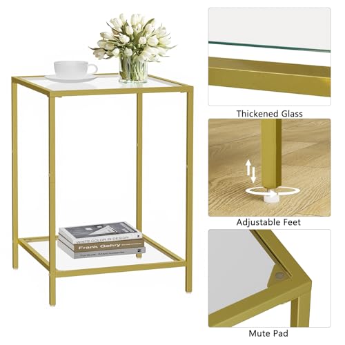 Gold Side Tables Set of 2 with Tempered Glass - Square End Tables, Modern Living Room & Bedroom Decor, 15.7"D x 15.7"W x 23.6"H