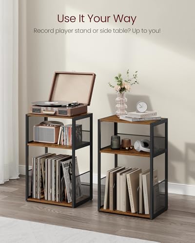 VASAGLE Rustic Brown 3-Tier Record Player Stand with Vinyl Record Storage