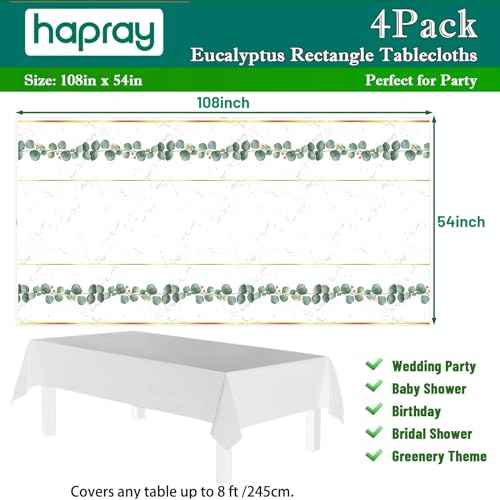 4 Pack Greenery Jungle Party Tablecloths for Rectangle Tables, Waterproof Disposable Party Table Cloths, Table Covers for Decorations, Tablecover (Eucalyptus, 54" x 108" (4 Pack))
