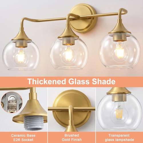 Gednbo Gold 3-Light Farmhouse Vanity Light Fixture 22 Inches - Dimmable Glass Globe Wall Sconce