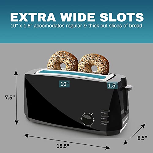 Elite Gourmet 4-Slice Long Slot Toaster - Black, Extra-Wide Slots, 6 Toast Settings