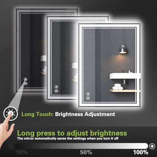 WUENLux 24x36'' LED Bathroom Mirror Anti-Fog Dimmable with 3 Color Lights & Memory