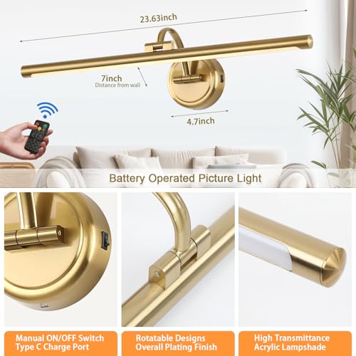 Rechargeable Brass Picture Light for Wall - 23.6 Inch Dimmable Art Sconce with Remote & Timer