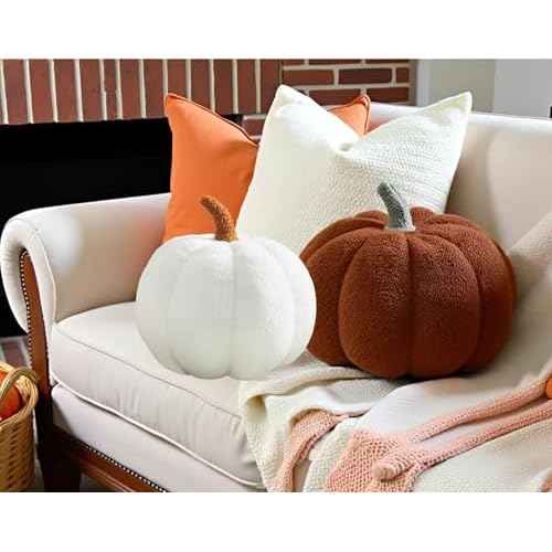 Fall Pumpkin Pillow Orange Fleece Sherpa 3D Pumpkin Shaped Decorations Pillows for Home Autumn Halloween Thanksgiving Farmhouse Decora,11.02"