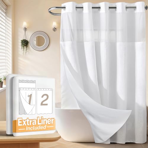 River Dream Waffle No Hook Shower Curtain with 2 Snap-in Liners - White 71x74