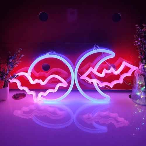 JYWJ Double Sided Neon Signs,USB or 3-AA Battery Powered Neon Light,LED Desktop Wall Decoration,Various Parties,Decoration Of Business Premises(Moon Bat)
