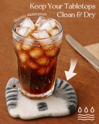 Kokaaee Cow Cat Felt Coaster - Wool Table Mat for Drinks, 1pc