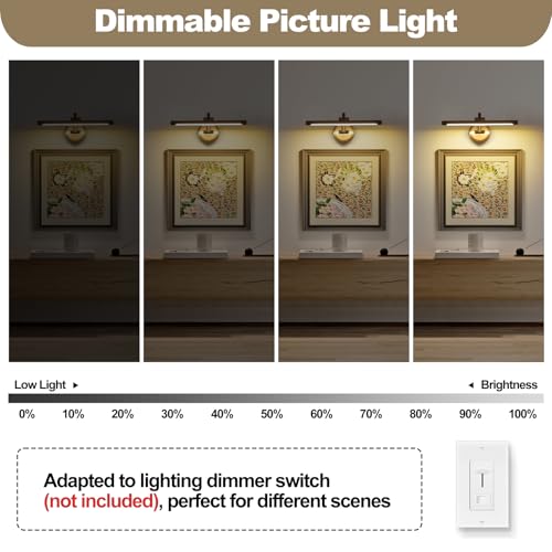Brass Dimmable Wall Picture Light - 15.75 Inch Adjustable Swing Arm for Artwork