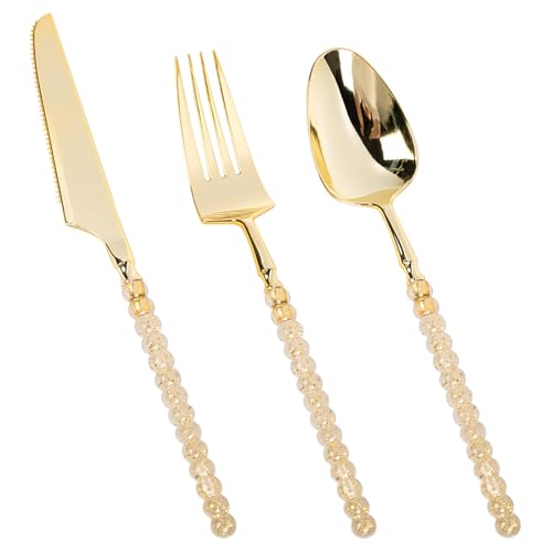 150PCS Heavy Duty Gold Plastic Silverware Set Bead Embellished - Elegant Disposable Utensils