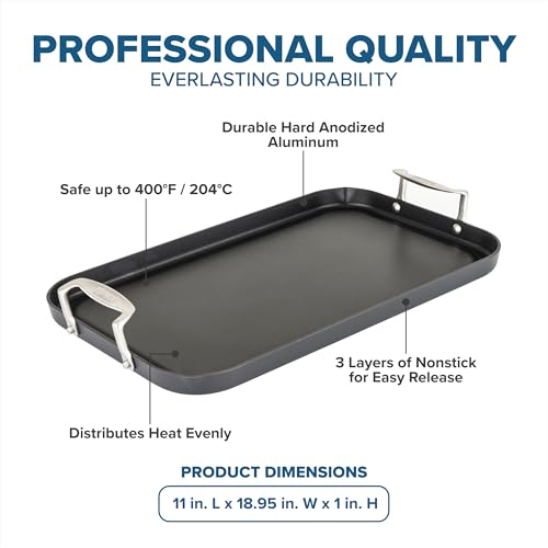 Viking Nonstick Double Burner Griddle 19 x 11.3 Inch Hard Anodized Cookware with Handles - Oven Safe, Fits 2 Burners