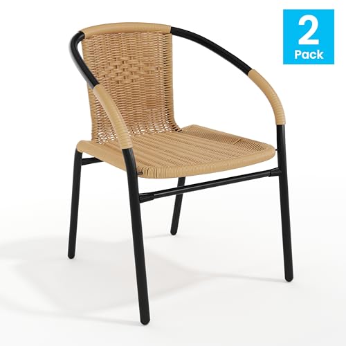 Beige Rattan Stackable Indoor-Outdoor Restaurant Chair Set of 2 - Contemporary Style