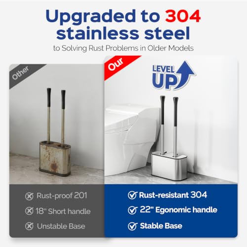 HAMITOR Silver S-Shape 2-in-1 Toilet Brush & Plunger Set with Hidden Holder, Rust-Proof Stainless Steel