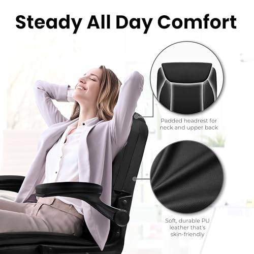 All Black PU Leather Office Desk Chair with Adjustable Arms - Ergonomic Comfort