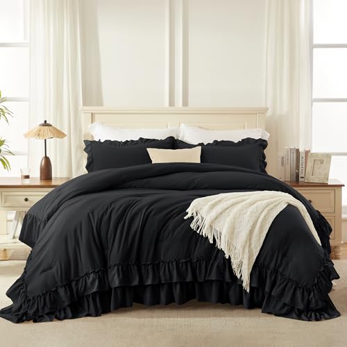 Andency Black King Ruffle Comforter Set - 3 Piece Solid Bedding with Pillowcases