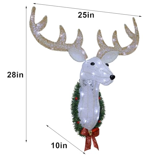 WATERGLIDE Lighted Reindeer Head Wall Decor - 28" Pre-Lit 3D Rudolph with Wreath & Timer