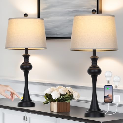 Black Set of 2 Bedside Table Lamps with USB Ports, 29 Inch Modern Reading Lamps