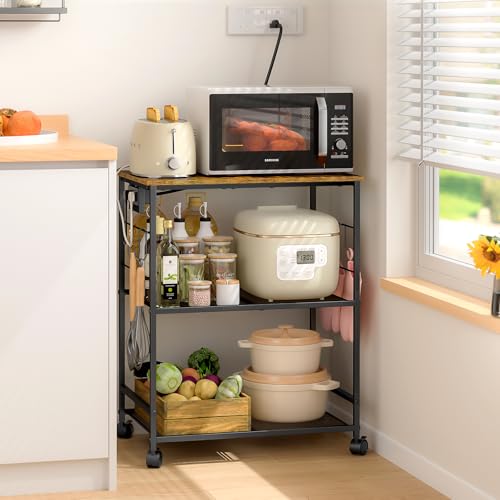 ThreeHio Brown Kitchen Microwave Cart with Power Outlet, 3-Tier Utility Storage