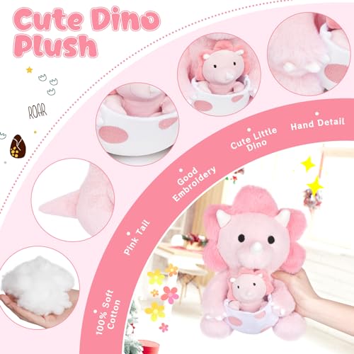 Pink Dinosaur Stuffed Animal, 11.8inch Pink Dinosaur Plush with Baby Dino for Kids, Dino Toy Kawaii Triceratops Cuddle Plush Pillow for Girls Boys, Christmas Birthday Gifts