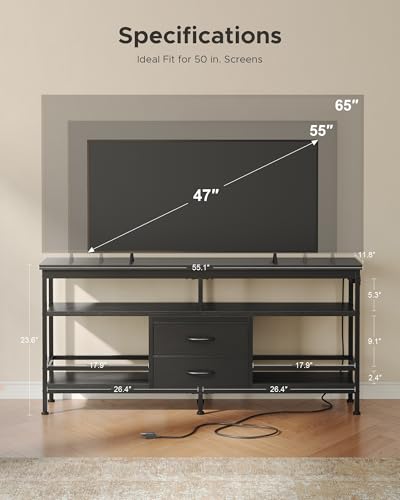 55 Inch TV Stand with LED Lights and Charging Station - Black, Supports Up to 65 Inch TVs