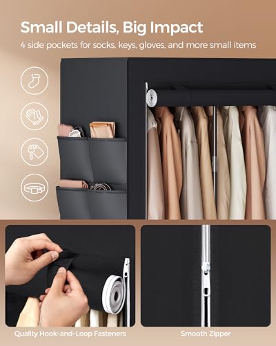 Portable Closet with Cover - 4 Tiers, 66.9" Length, Ink Black, 4 Hanging Rods & Shelves