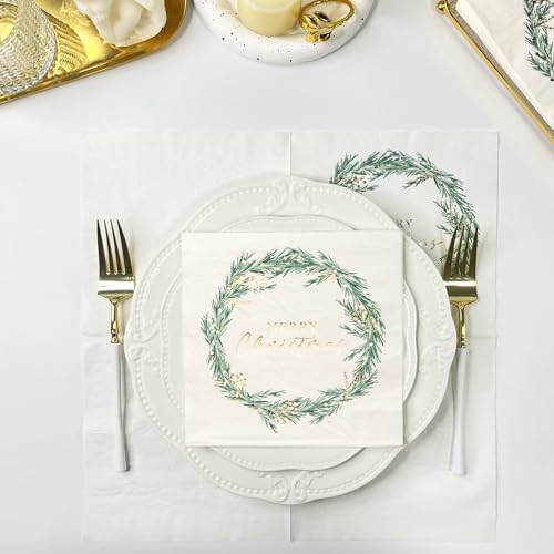 Green & Gold Wreath Christmas Paper Napkins - 6.5 x 6.5 Inches, 25-Count