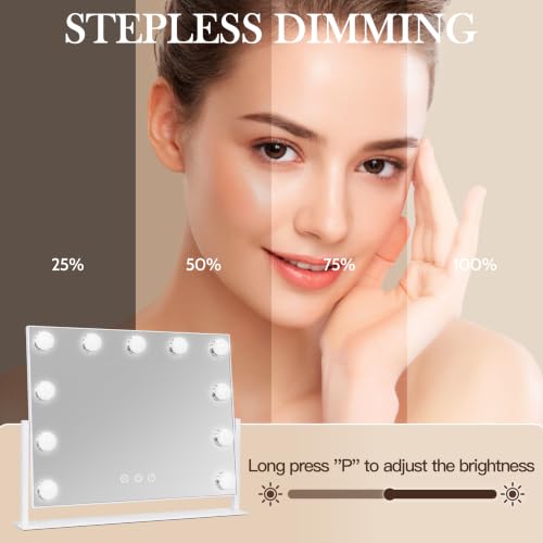 Hollywood Makeup Mirror with Lights - White Frame, 16 x 12.9 inch, Touch Control, 11 LED Bulbs, Detachable 10X Magnifier