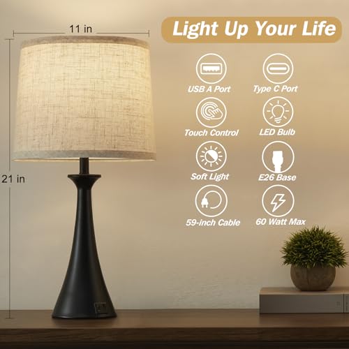 Black Touch Table Lamps Set of 2 - 21-inch Bedside Lamps with USB-C & A