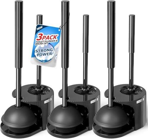 Black 3-Pack Toilet Brush and Plunger Set with Extended Handle and Storage Bases