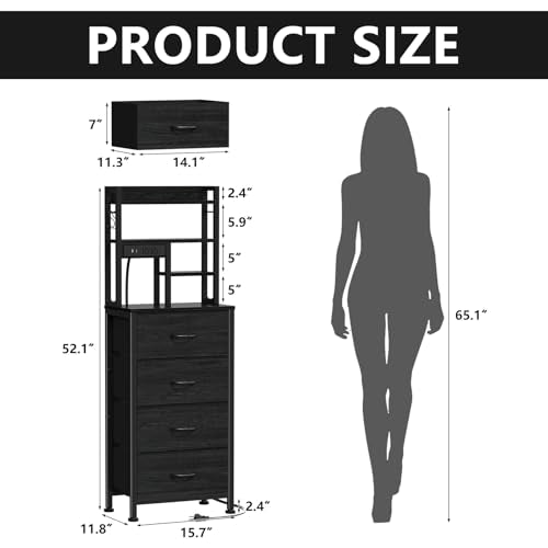 Furnulem Tall Nightstand with LED Lights, Charging Station & 4 Drawers - Black Oak, Variation 1
