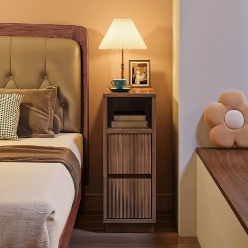Walnut Fluted Nightstand - Small Bedside Table with Drawers & Shelf - Modern Slim Nightstand - Variation of THIS listing