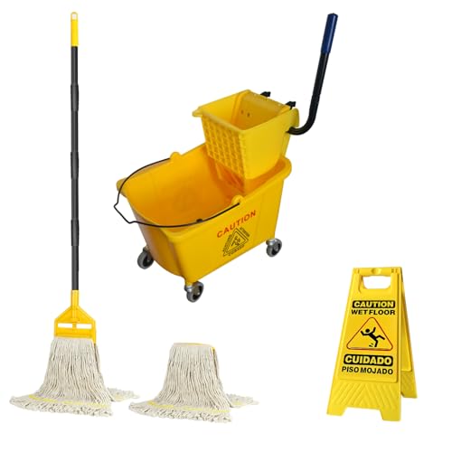 Commercial Mop Bucket Set with 2 Mop Heads & Caution Sign - 38 Quart