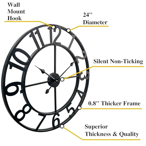Black Arabic Numeral 24 Inch Wall Clock - Silent Modern Farmhouse Decor