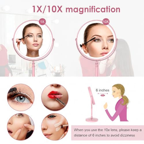 Pink Rechargeable LED Makeup Mirror with 3 Lights, 10X Magnification