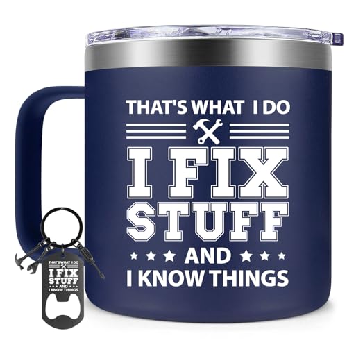 Fufendio Navy Blue I Fix Stuff and I Know Things Mug 14oz - Perfect Dad Gift