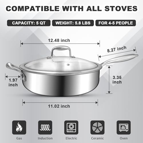 EWFEN 12-Inch Tri-Ply Stainless Steel Saute Pan with Handle and Lid, Compatible with All Cooktops