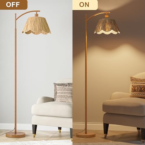 Walnut Oneach Rattan Floor Lamp with Foot Switch - Boho Farmhouse Style