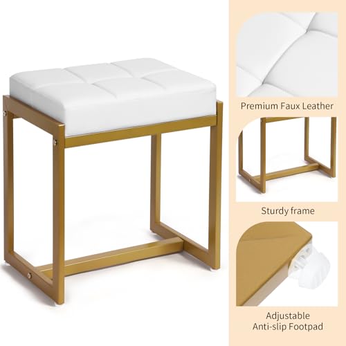 Vanity Stool with Gold Metal Legs - Faux Leather Makeup Bench for Bedroom & Living Room - White & Gold - Compact & Stylish
