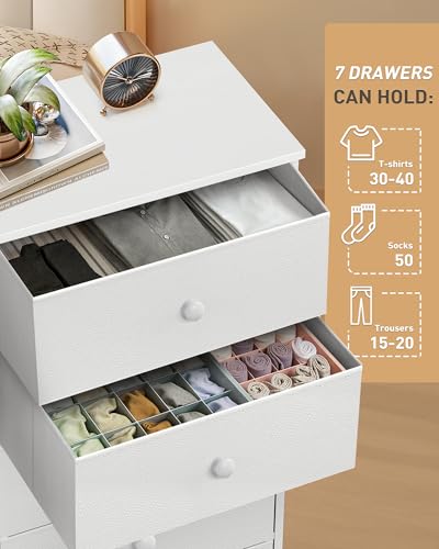 White Tall Fabric Dresser with 7 Large Drawers, Vertical Storage Tower for Bedroom & Closet