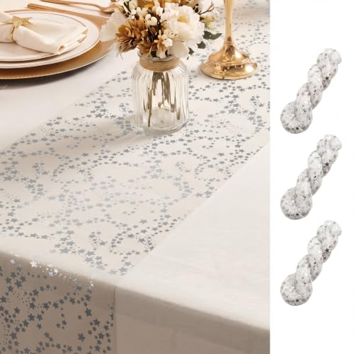 3 Pcs Silver Star Table Runners - Glitter Chiffon Organza 11x118in (28x300cm) Set