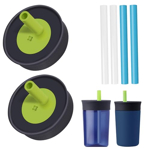 PHULWEL 2 Pack Replacement Lids for Owala Kids Insulation Tumbler 12oz & 15oz, Spill Resistant Cap with 4 Flexible Straws, BPA-Free, Dishwasher Safe, Accessories for Owala Kids Bottle(Blue)