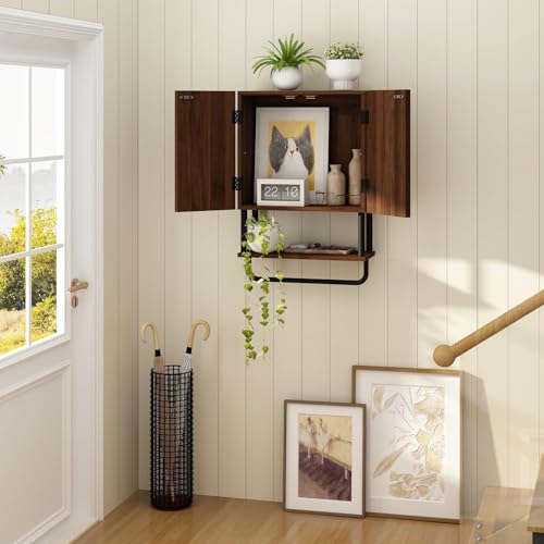 Rustic Wall Mounted Bathroom Cabinet - 2 Doors, 3-Tier Storage, Small Dark Walnut