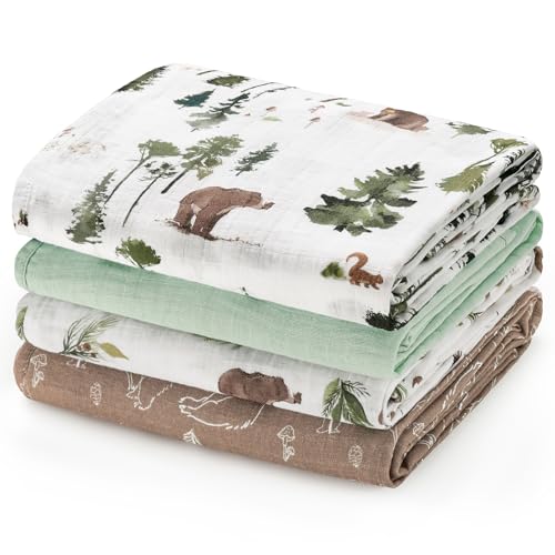 Baby Muslin Swaddle Blanket 4 Pack - Woodland Animals Green, 47x47 Inches, Soft Breathable Cotton for Newborns