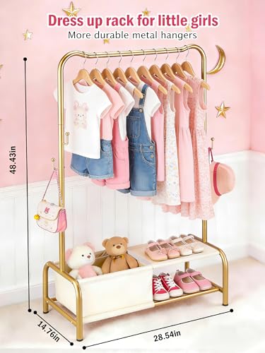 Kids Clothing Rack with Shelf & Hooks - Metal Toddler Dress Up Organizer, Gold
