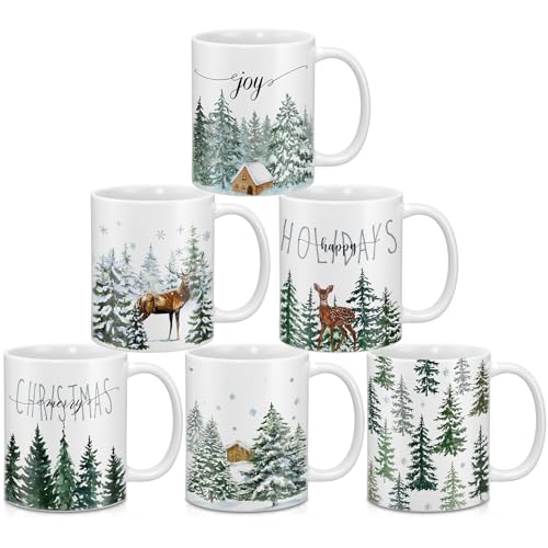 Didaey Christmas Tree Mug Set with Pine Tree Design, 6 Pack, 12oz Ceramic Holiday Coffee Cups