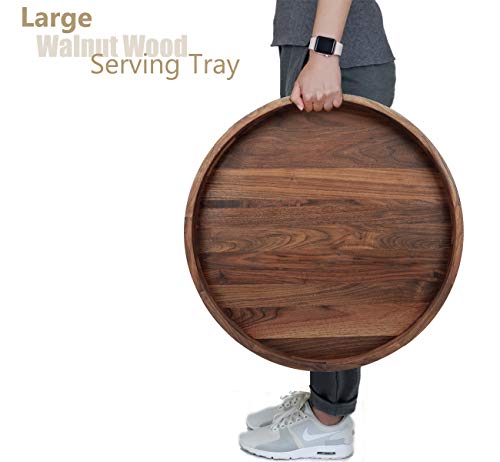 20-Inch Black Walnut Wooden Ottoman Tray with Handles - Extra Large Round Coffee Table Accessory