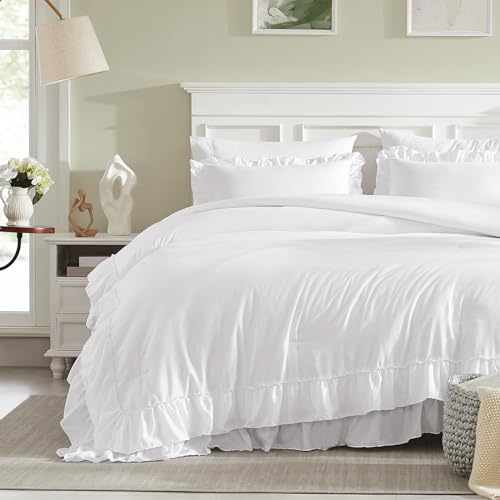 Cupocupa White Queen Comforter Set 3Pcs Ruffle Farmhouse Bedding - Lightweight & Fluffy