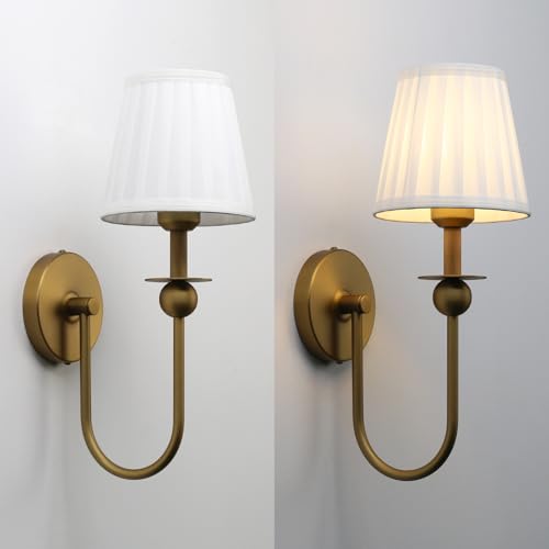 PERMO Set of 2 Brass Wall Sconces with Pleated Fabric Shades - Vintage Bathroom & Living Room Lighting