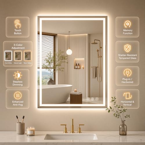 Homsion 36x30-inch LED Bathroom Mirror with 3 Light Modes, Dimmable & Defogging