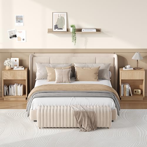Fluted Nightstands Set of 2 - Mid Century Bedside End Tables - Natural Oak